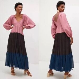 NIRMOOHA WOMENS ANTHROPOLOGIES COLOR BLOCK TIERED LONG SLEEVE MAXI DRESS SMALL